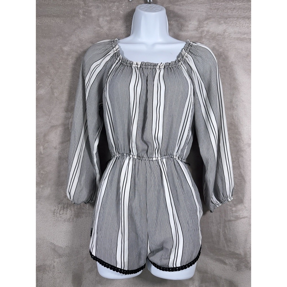 Ecote Romper‎ Womens XS White Black Striped Off Shoulder Boho Tassel Trim